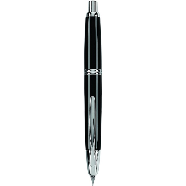 Pluma fuente retráctil Vanishing Point, sin tapa, con un diseño exclusivo, patentado y fabricado con los mas finos materiales; tinta líquida color azul, cuerpo color negro, acentos color rodio, punto mediano, estuche con 1 pluma, convertidor y cartucho