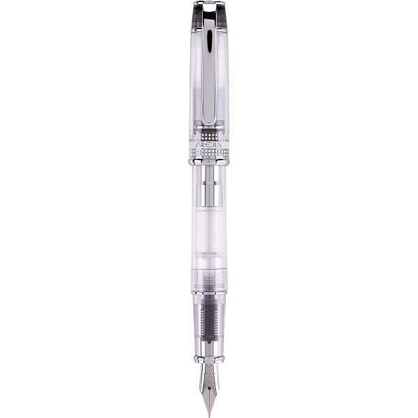 Pluma fuente Prera, Sistema capilar de presión, que controla el flujo de tinta, asegurando una escritura uniforme;  tinta líquida color azul, cuerpo transparente con acentos negro, punto mediano, estuche con 1 pluma, convertidor y cartucho