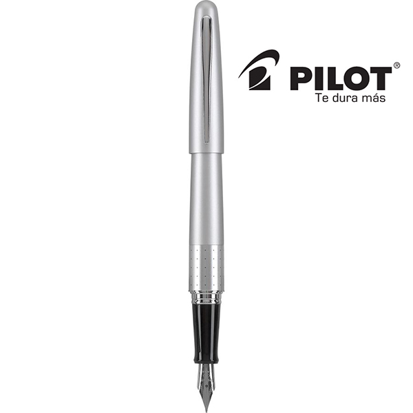 Pluma fuente MR, cuerpo color plata, acento de puntos, tinta negra
